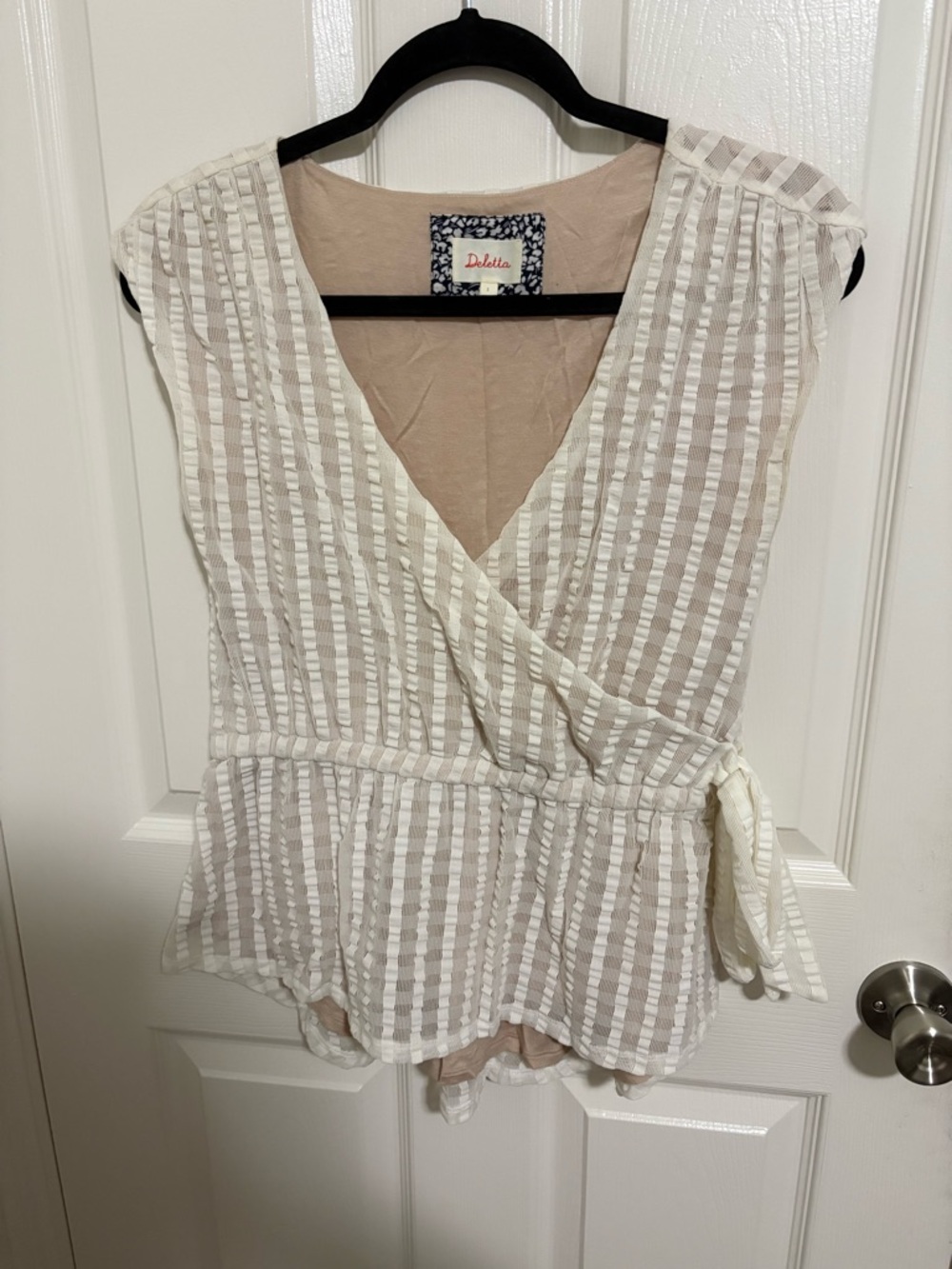 Anthropologie Deletta Cream Textured Surplice Peplum Top Size S